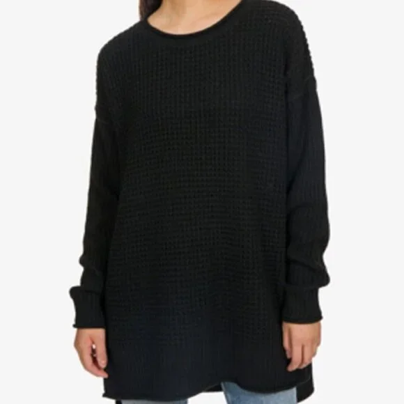 JR369 Hippie Rose Black Juniors' Thermal-Stitch Tunic Sweater Size M - Picture 1 of 1